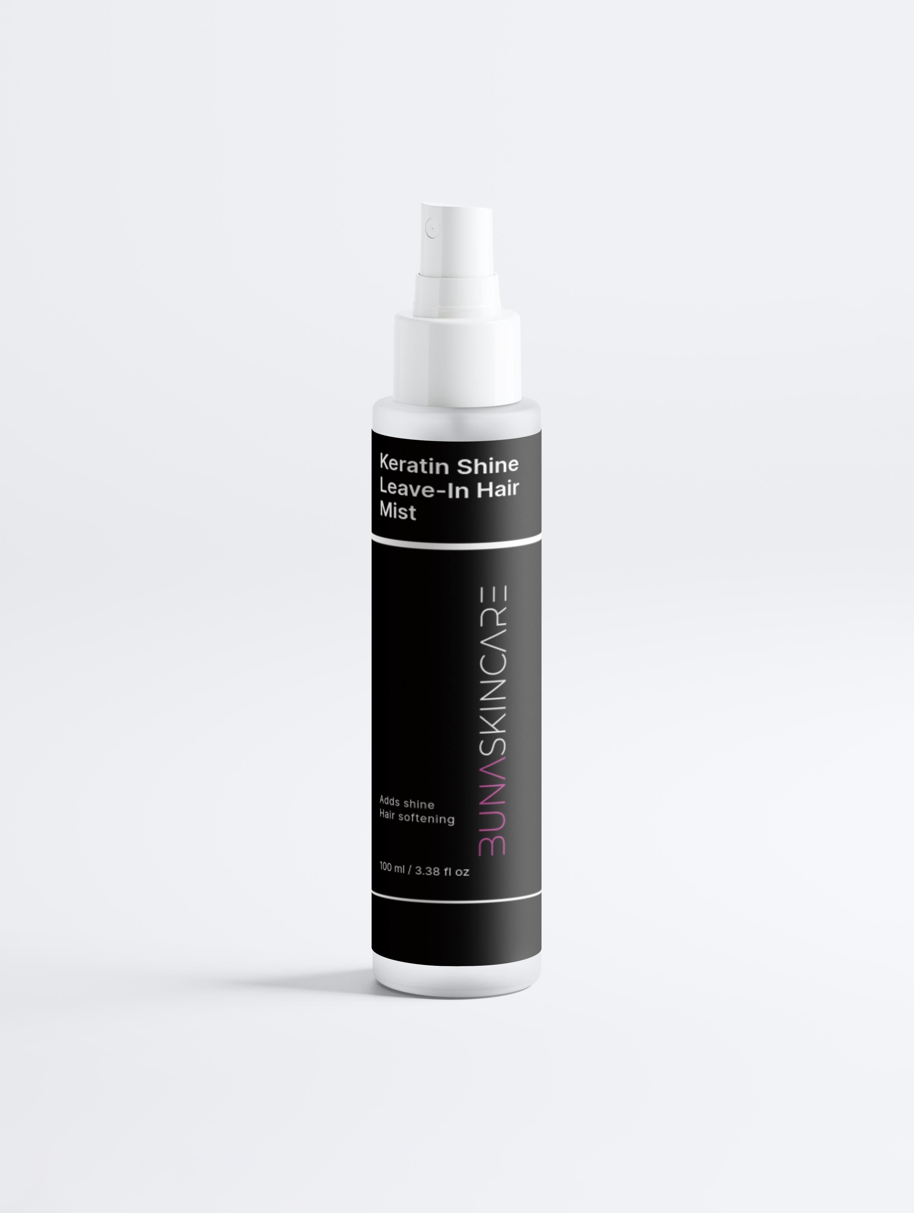 BUNA keratin shine hair mist in a sleek black and white spray bottle for hair shine and softness