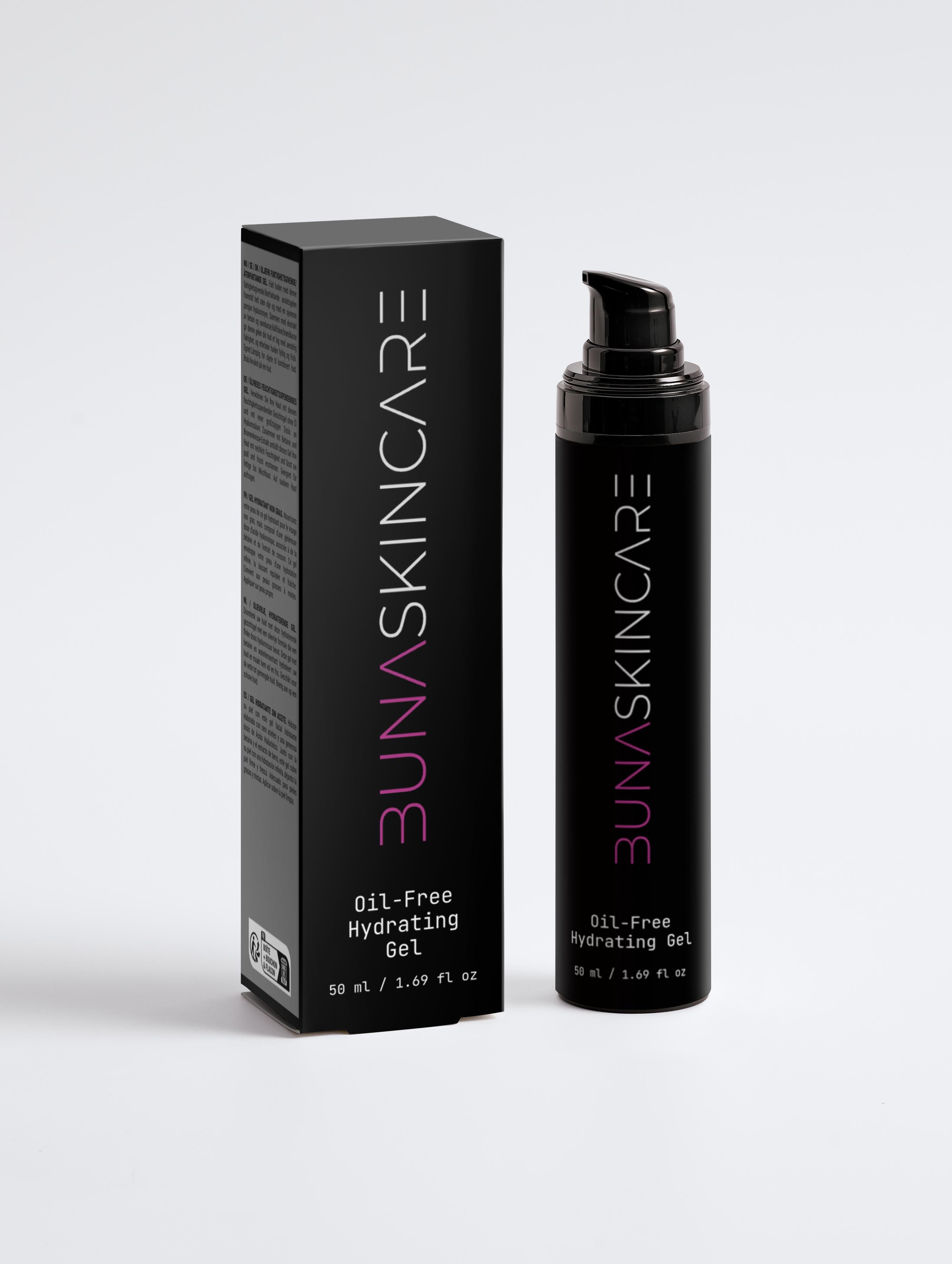 BUNA oil-free hydrating gel in black pump bottle with matching black packaging box