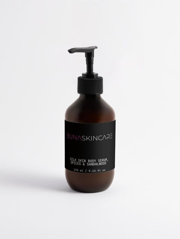 BUNA Silk Skin luxury body serum for dry skin with spices and sandalwood in pump bottle