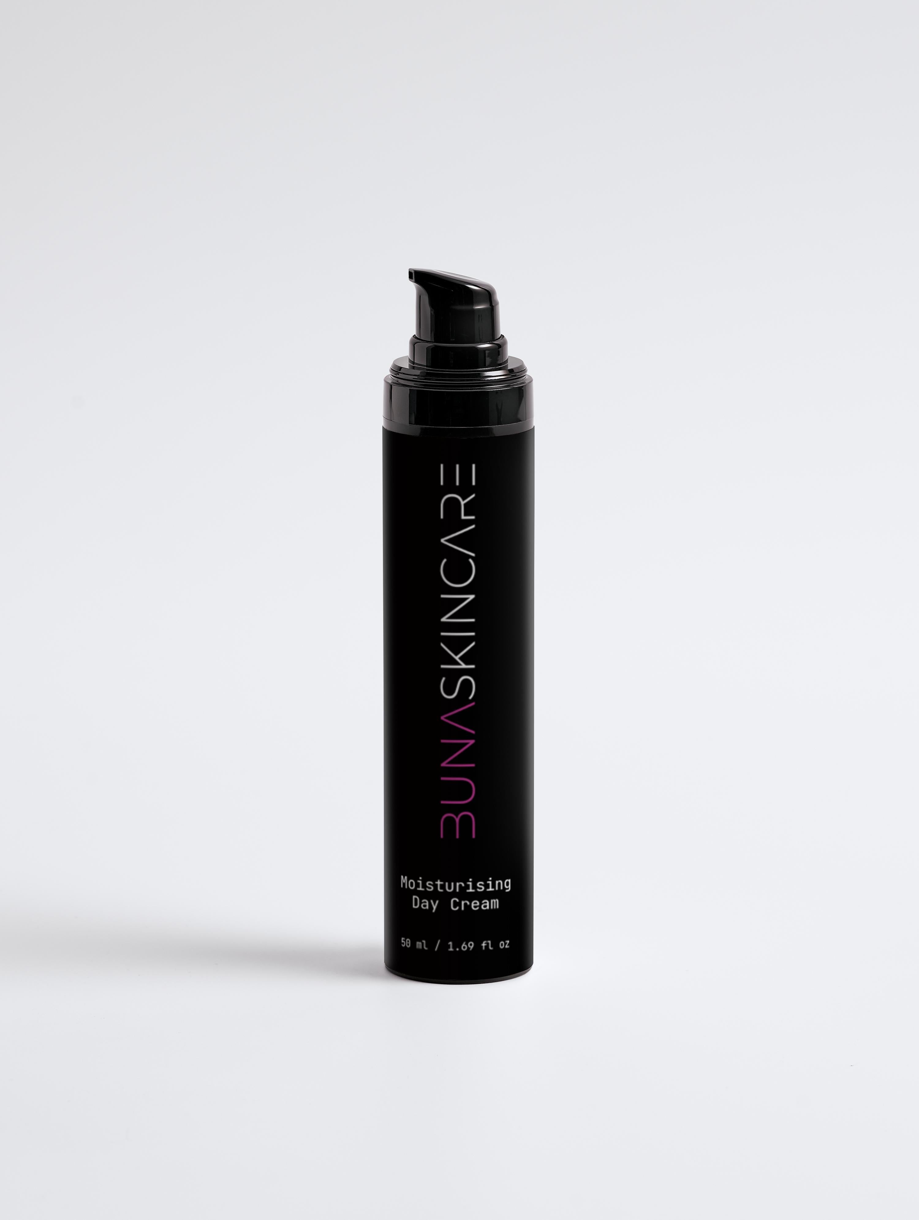 BUNA black bottle of moisturising day cream with pump dispenser for skincare
