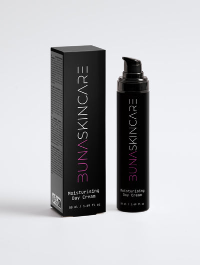 BUNA moisturising day cream in black pump bottle with matching black box packaging