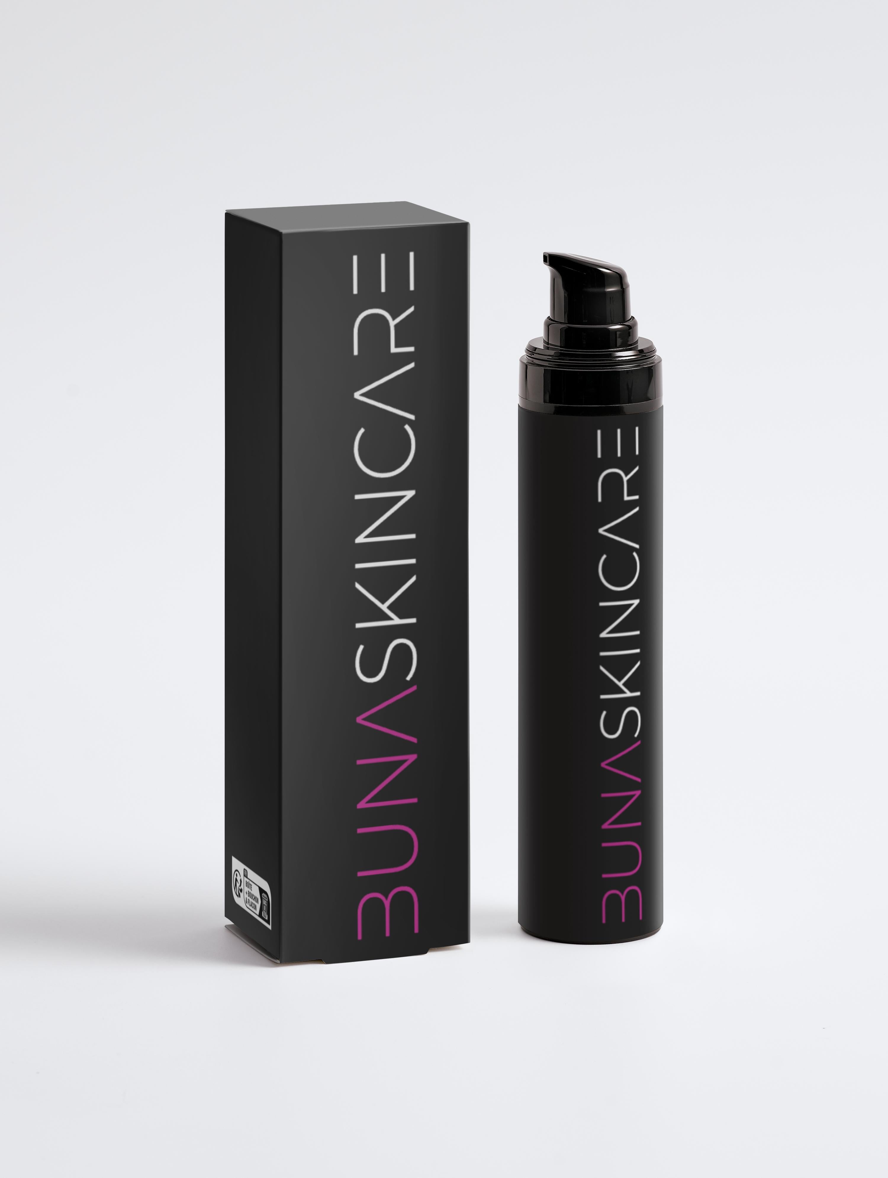 BUNA oil-free face gel for men in sleek black pump bottle with matching black packaging box