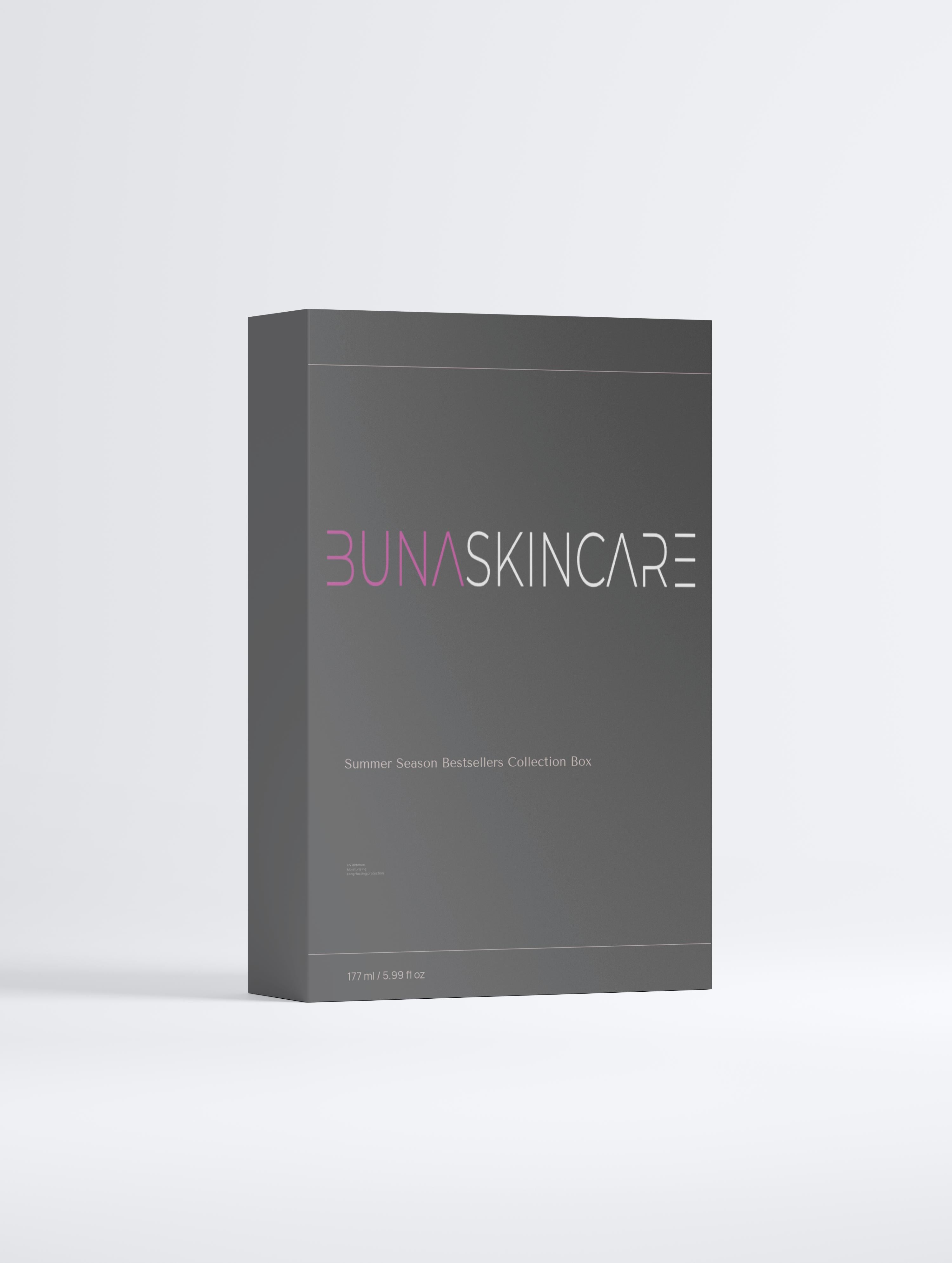BUNA summer skincare essentials box in sleek gray packaging with minimalist design