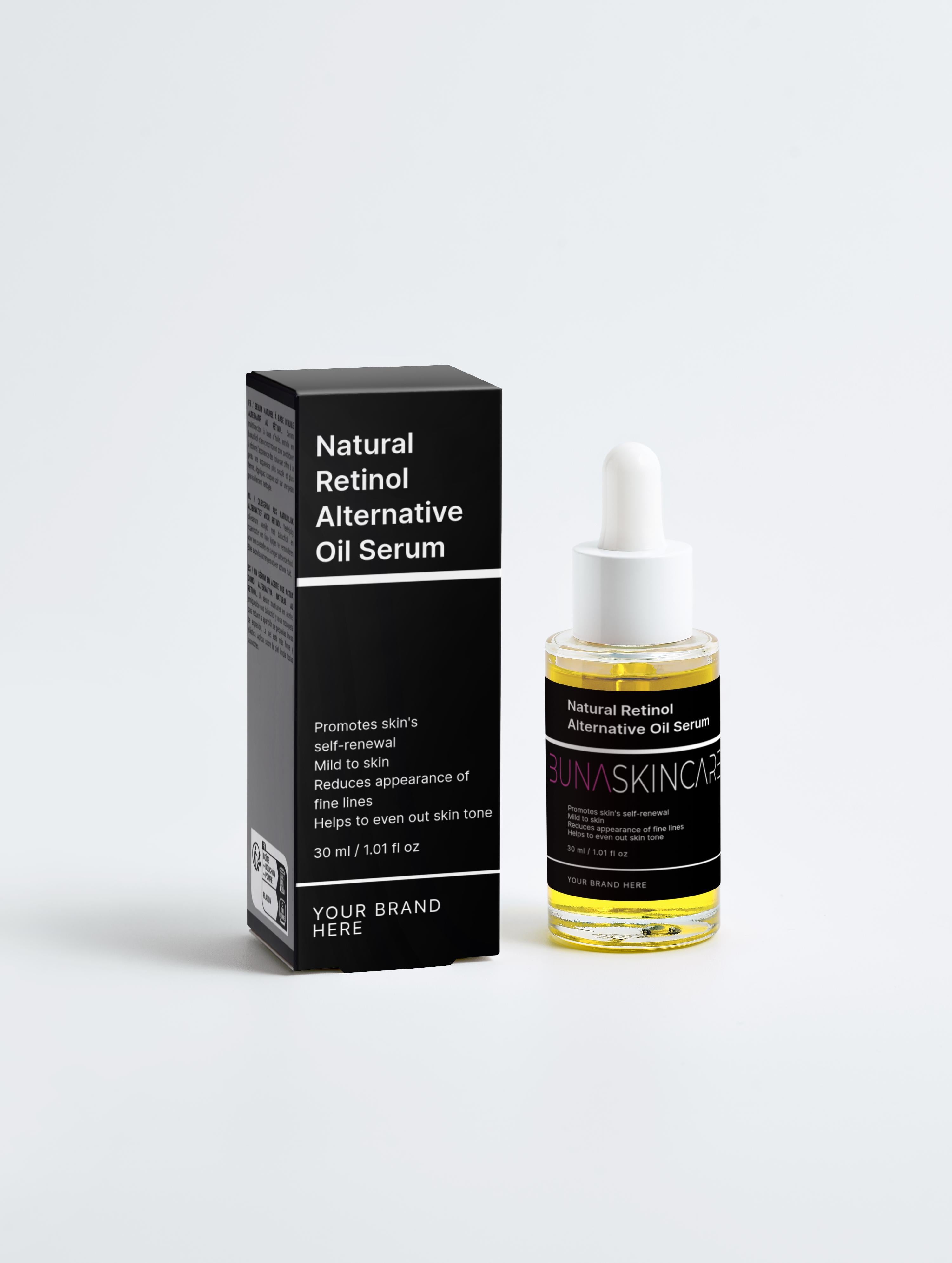 BUNA natural retinol alternative serum in clear dropper bottle with black packaging box